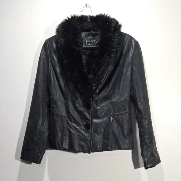 GUESS Black Faux Fur Collar Leather Jacket M - Picture 1 of 12